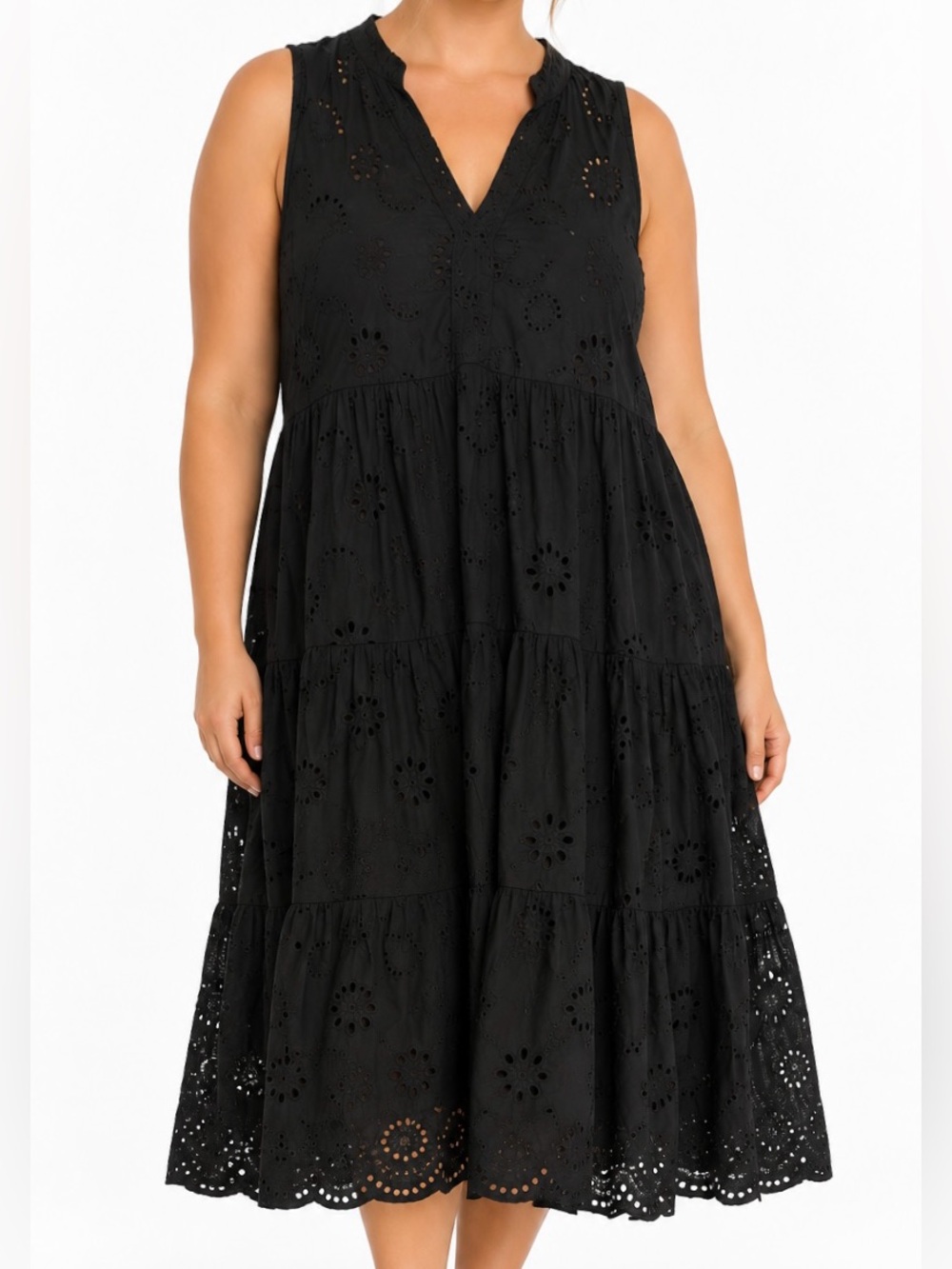 Rosemarine Italy Black Eyelet Embroidered Tiered Boho Dress 2X